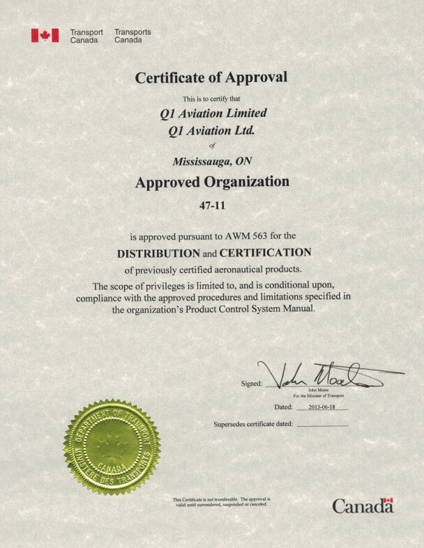 Aprroved pursuant to CAR 573.02 for the maintenance of aeronautical products and holds rating in the following categories Components, NDT, Structures, Welding