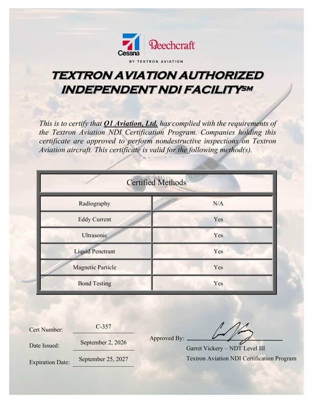 Cessna Authorized Independent DNI Facility Q1 Aviation, Ltd Facility Cert 2026